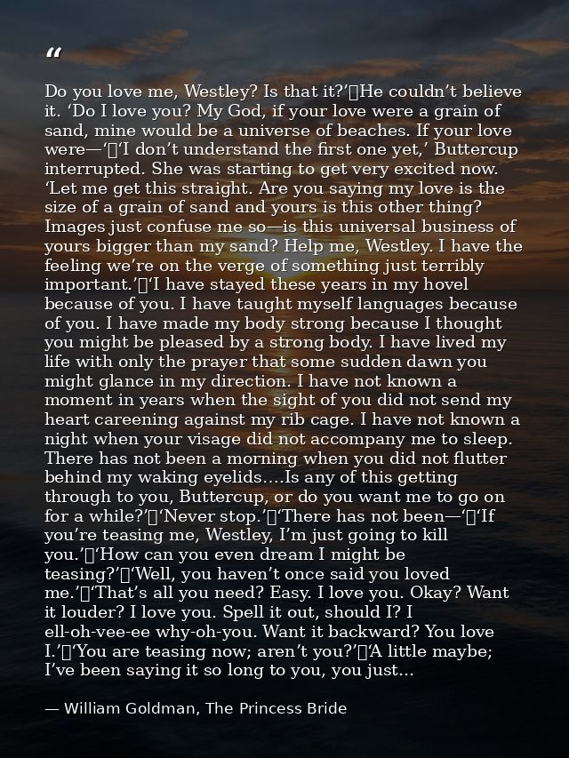 Do you love me, Westley? Is that it?’	He couldn’t believe it. ‘Do I love you? My God, if your love were a grain of sand, — William Goldman, The Princess Bride