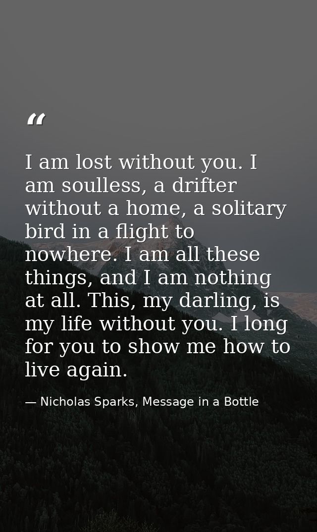 I am lost without you. I am soulless, a drifter without a home, a solitary bird in a flight to nowhere. I am all these t — Nicholas Sparks, Message in a Bottle