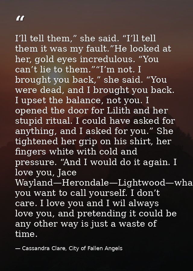 I’ll tell them,” she said. “I’ll tell them it was my fault.”He looked at her, gold eyes incredulous. “You can’t lie to t — Cassandra Clare, City of Fallen Angels