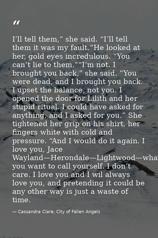I’ll tell them,” she said. “I’ll tell them it was my fault.”He looked at her, gold eyes incredulous. “You can’t lie to t — Cassandra Clare, City of Fallen Angels