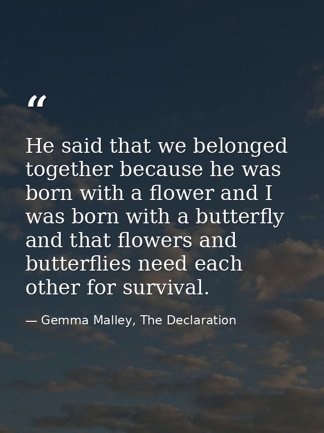 He said that we belonged together because he was born with a flower and I was born with a butterfly and that flowers and — Gemma Malley, The Declaration