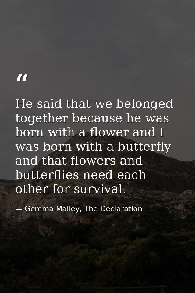 He said that we belonged together because he was born with a flower and I was born with a butterfly and that flowers and — Gemma Malley, The Declaration