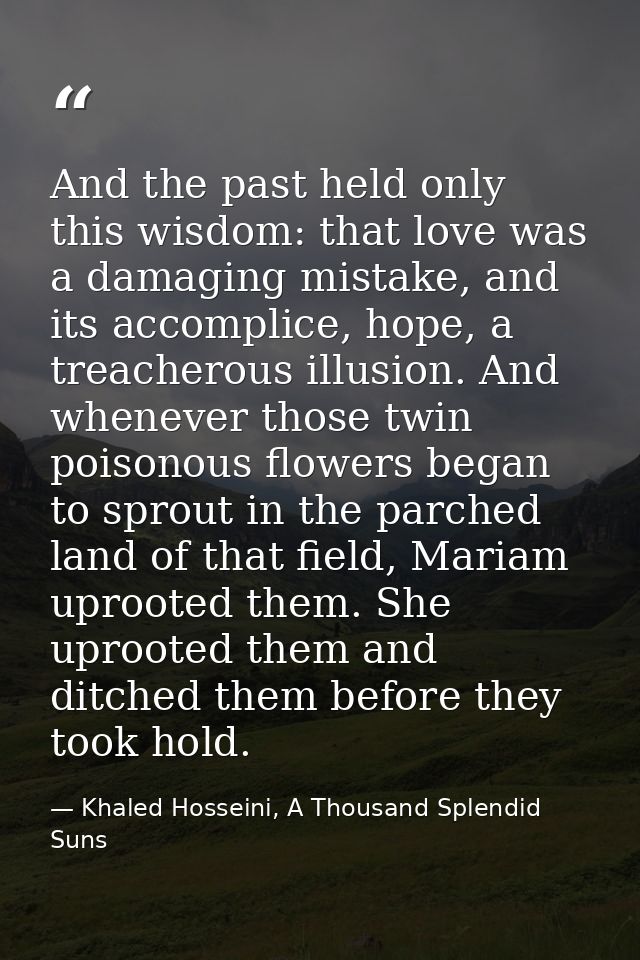 And the past held only this wisdom: that love was a damaging mistake, and its accomplice, hope, a treacherous illusion.  — Khaled Hosseini, A Thousand Splendid Suns