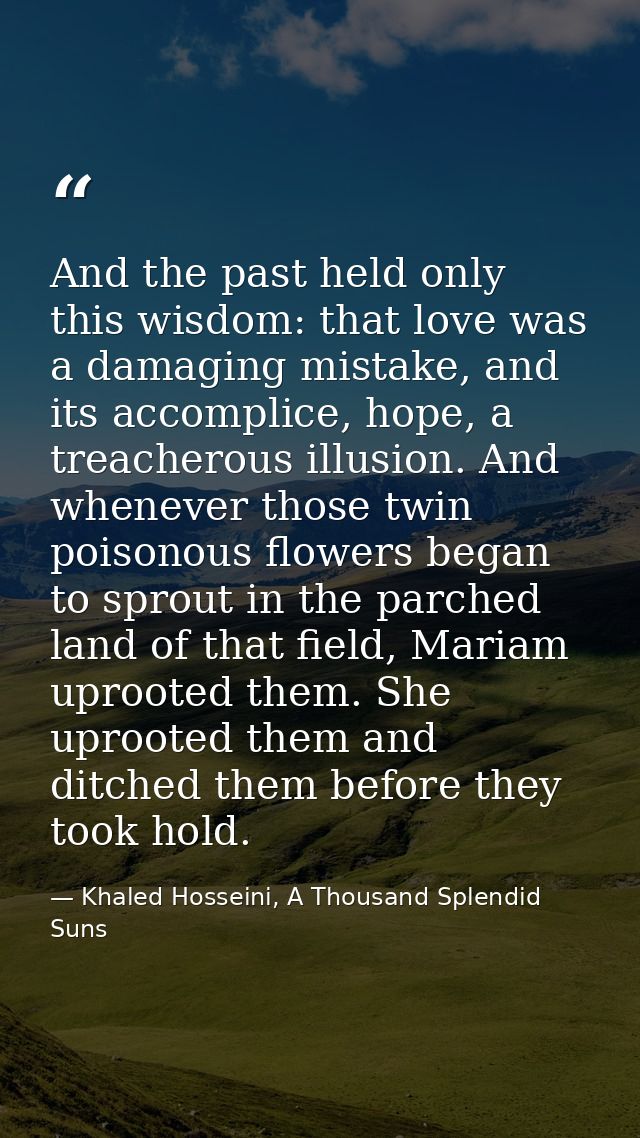 And the past held only this wisdom: that love was a damaging mistake, and its accomplice, hope, a treacherous illusion.  — Khaled Hosseini, A Thousand Splendid Suns