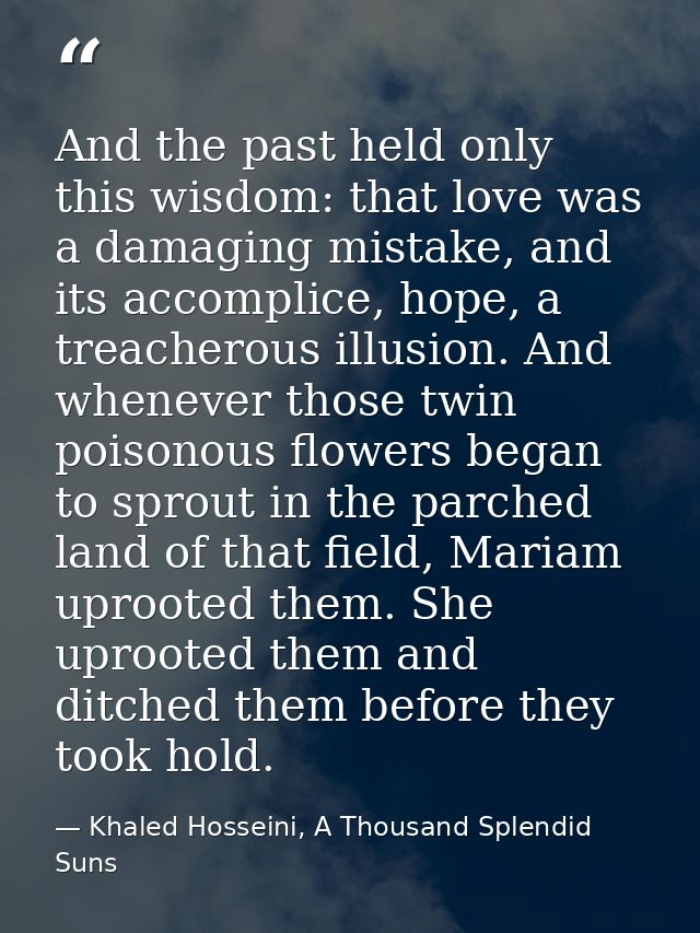 And the past held only this wisdom: that love was a damaging mistake, and its accomplice, hope, a treacherous illusion.  — Khaled Hosseini, A Thousand Splendid Suns
