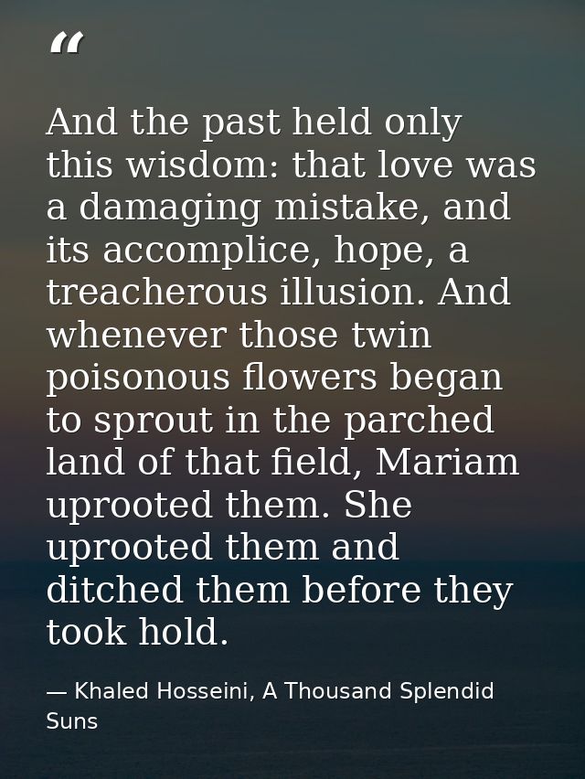 And the past held only this wisdom: that love was a damaging mistake, and its accomplice, hope, a treacherous illusion.  — Khaled Hosseini, A Thousand Splendid Suns