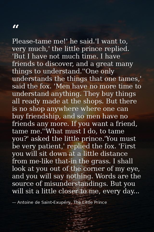 Please-tame me!' he said.'I want to, very much,' the little prince replied. 'But I have not much time. I have friends to — Antoine de Saint-Exupéry, The Little Prince