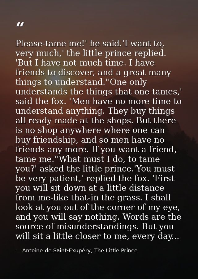Please-tame me!' he said.'I want to, very much,' the little prince replied. 'But I have not much time. I have friends to — Antoine de Saint-Exupéry, The Little Prince