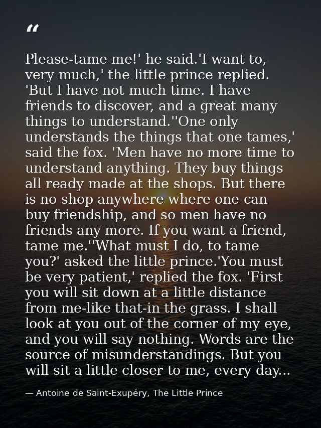 Please-tame me!' he said.'I want to, very much,' the little prince replied. 'But I have not much time. I have friends to — Antoine de Saint-Exupéry, The Little Prince