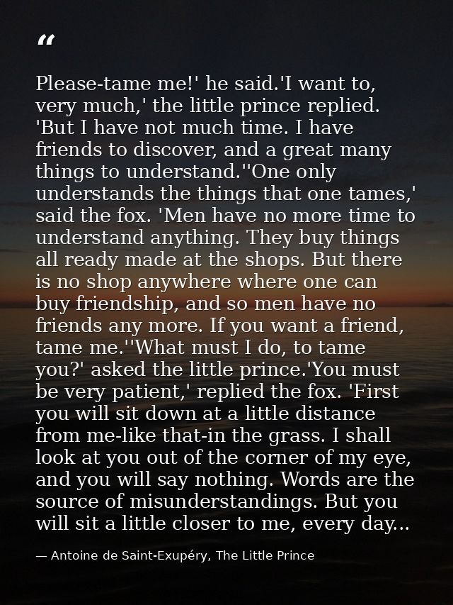 Please-tame me!' he said.'I want to, very much,' the little prince replied. 'But I have not much time. I have friends to — Antoine de Saint-Exupéry, The Little Prince