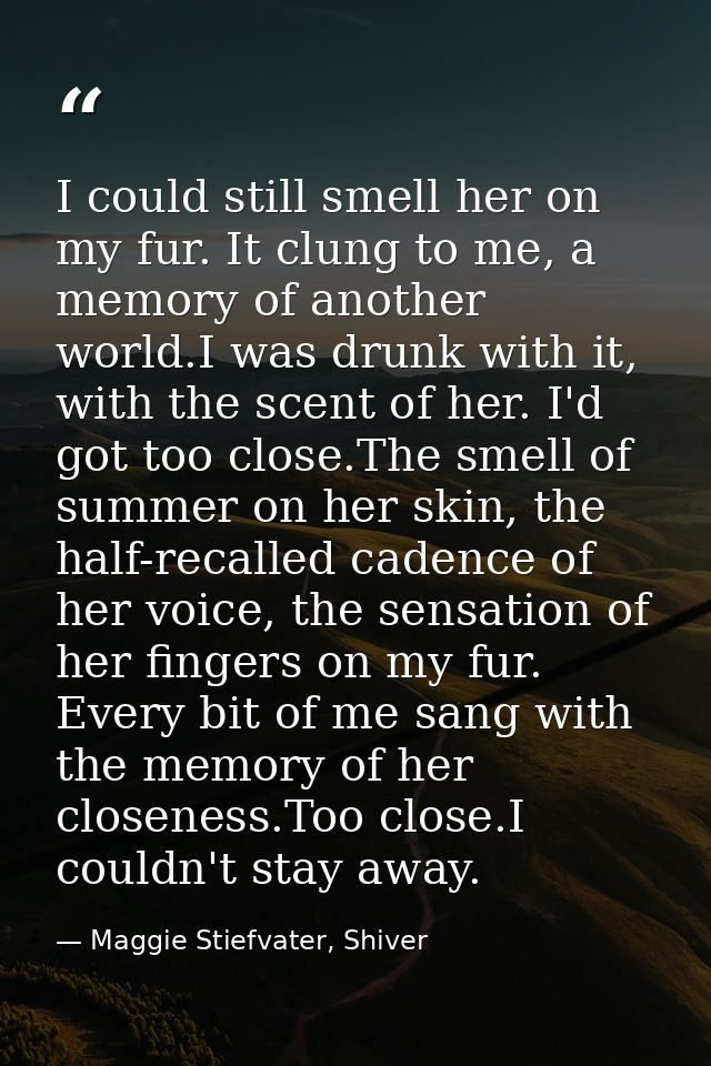 I could still smell her on my fur. It clung to me, a memory of another world.I was drunk with it, with the scent of her. — Maggie Stiefvater, Shiver