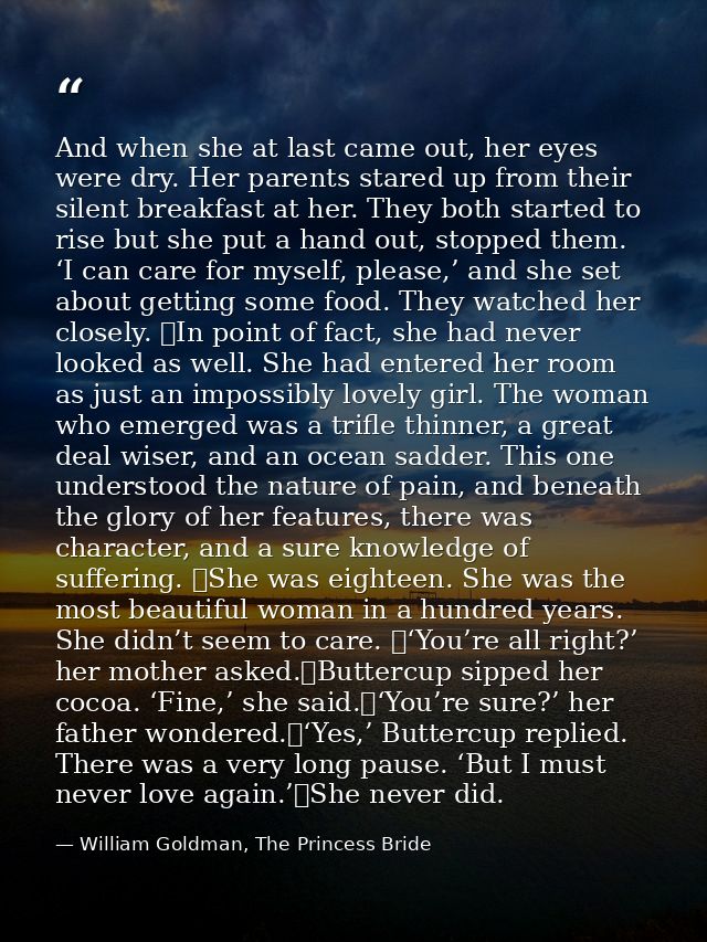 And when she at last came out, her eyes were dry. Her parents stared up from their silent breakfast at her. They both st — William Goldman, The Princess Bride