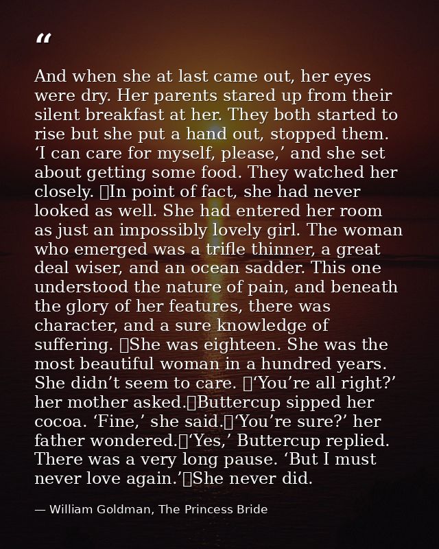 And when she at last came out, her eyes were dry. Her parents stared up from their silent breakfast at her. They both st — William Goldman, The Princess Bride