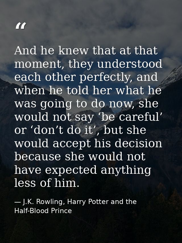 And he knew that at that moment, they understood each other perfectly, and when he told her what he was going to do now, — J.K. Rowling, Harry Potter and the Half-Blood Prince