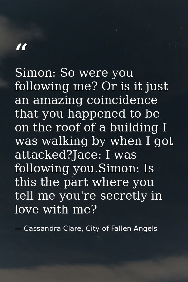 Simon: So were you following me? Or is it just an amazing coincidence that you happened to be on the roof of a building  — Cassandra Clare, City of Fallen Angels