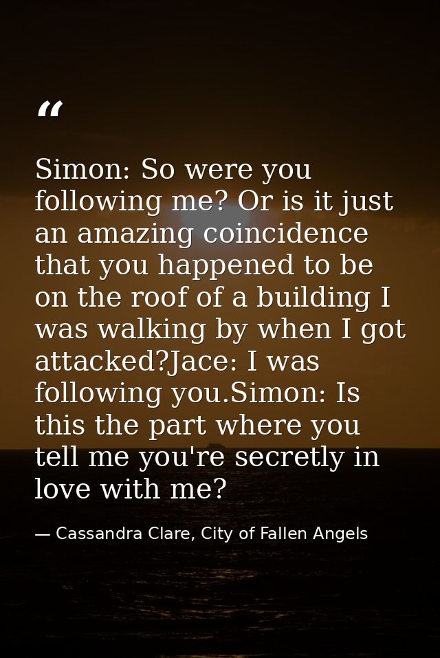 Simon: So were you following me? Or is it just an amazing coincidence that you happened to be on the roof of a building  — Cassandra Clare, City of Fallen Angels