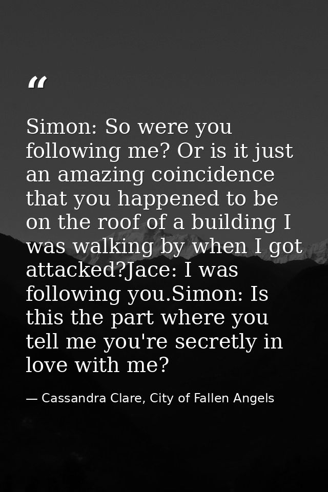 Simon: So were you following me? Or is it just an amazing coincidence that you happened to be on the roof of a building  — Cassandra Clare, City of Fallen Angels