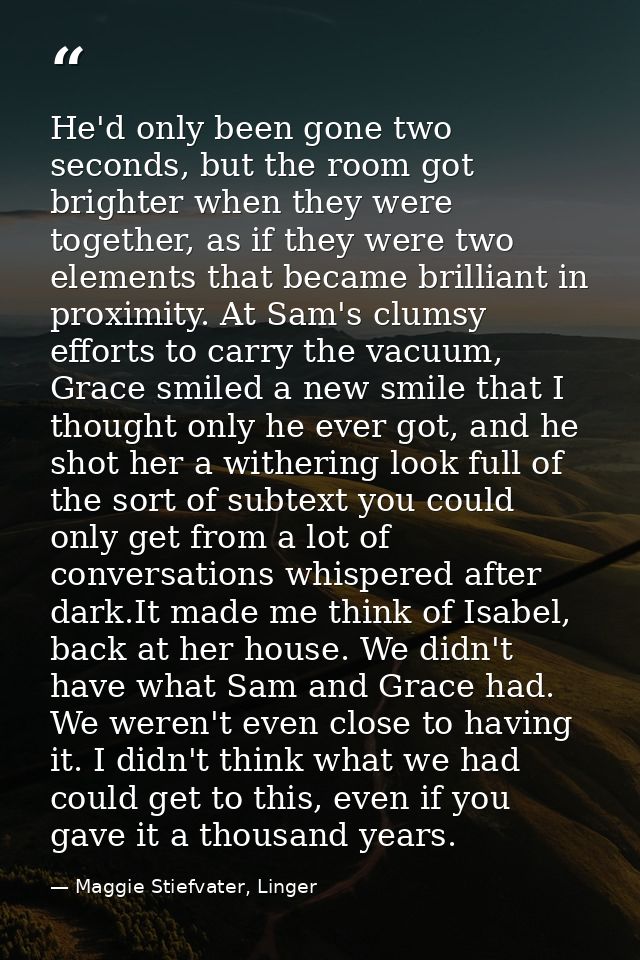 He'd only been gone two seconds, but the room got brighter when they were together, as if they were two elements that be — Maggie Stiefvater, Linger