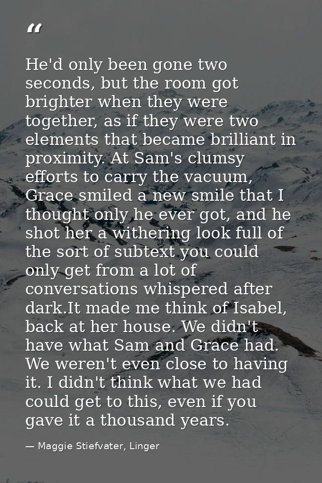 He'd only been gone two seconds, but the room got brighter when they were together, as if they were two elements that be — Maggie Stiefvater, Linger