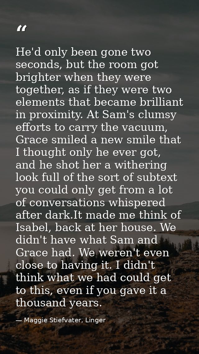 He'd only been gone two seconds, but the room got brighter when they were together, as if they were two elements that be — Maggie Stiefvater, Linger