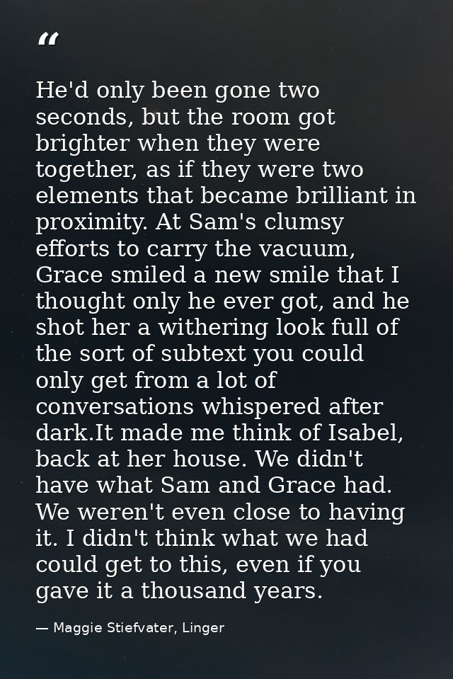 He'd only been gone two seconds, but the room got brighter when they were together, as if they were two elements that be — Maggie Stiefvater, Linger