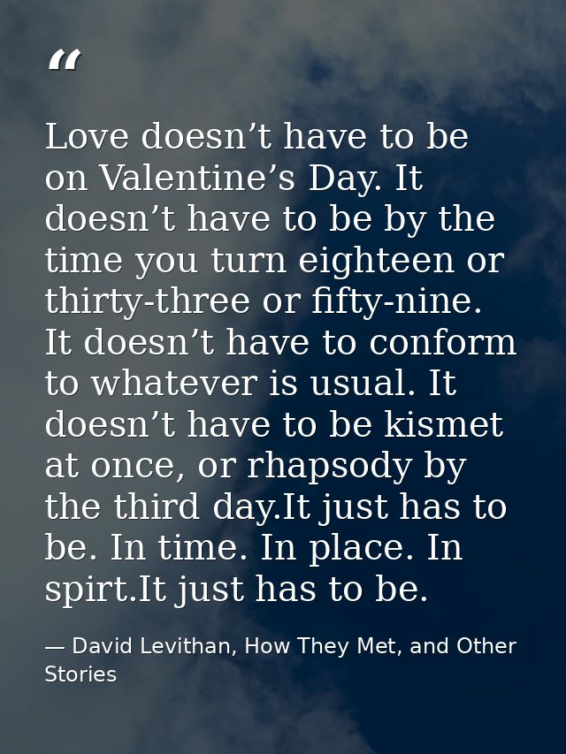 Love doesn’t have to be on Valentine’s Day. It doesn’t have to be by the time you turn eighteen or thirty-three or fifty — David Levithan, How They Met, and Other Stories