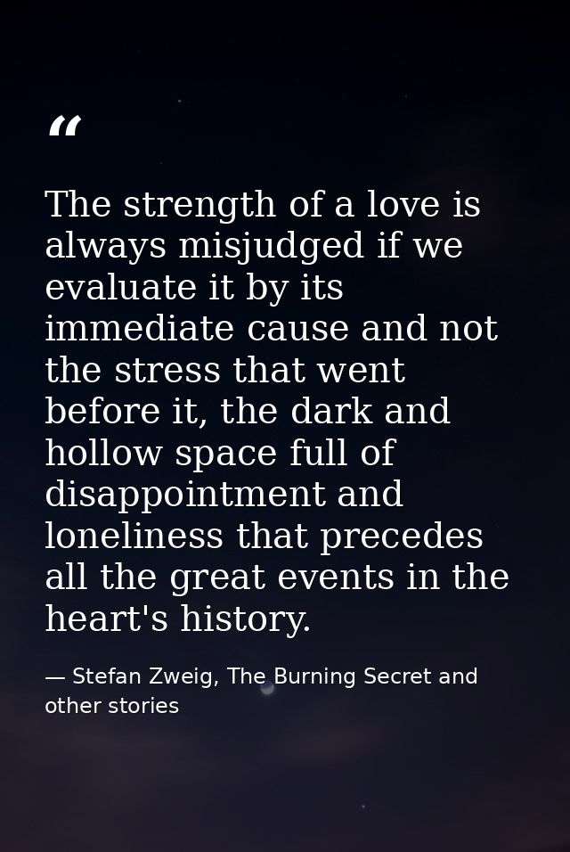 The strength of a love is always misjudged if we evaluate it by its immediate cause and not the stress that went before  — Stefan Zweig, The Burning Secret and other stories