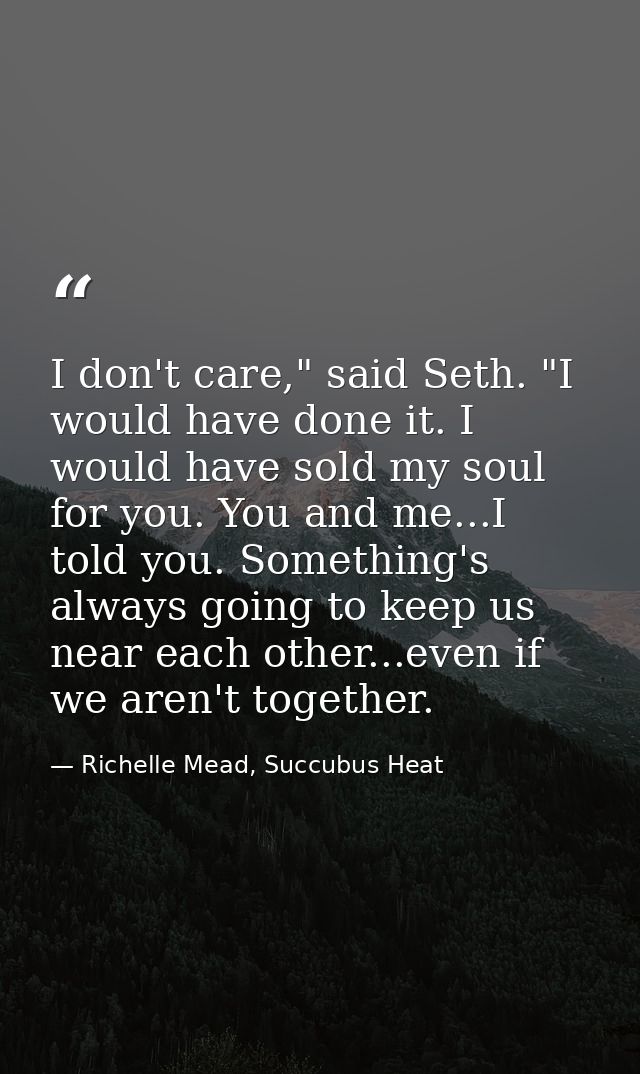 I don't care," said Seth. "I would have done it. I would have sold my soul for you. You and me...I told you. Something's — Richelle Mead, Succubus Heat