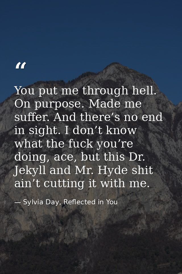 You put me through hell. On purpose. Made me suffer. And there’s no end in sight. I don’t know what the fuck you’re doin — Sylvia Day, Reflected in You