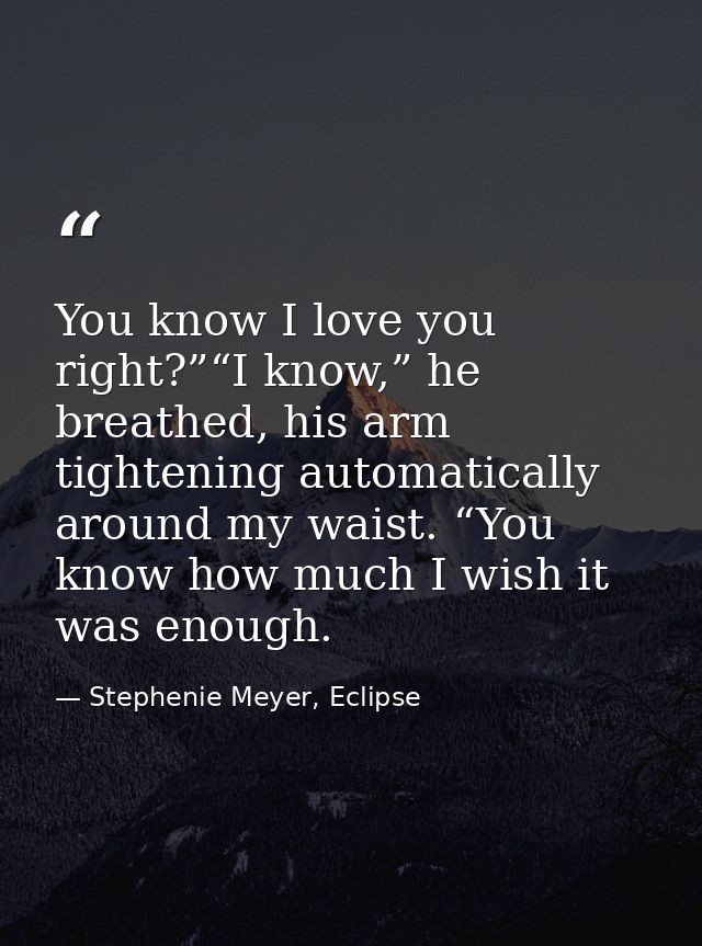 You know I love you right?”“I know,” he breathed, his arm tightening automatically around my waist. “You know how much I — Stephenie Meyer, Eclipse