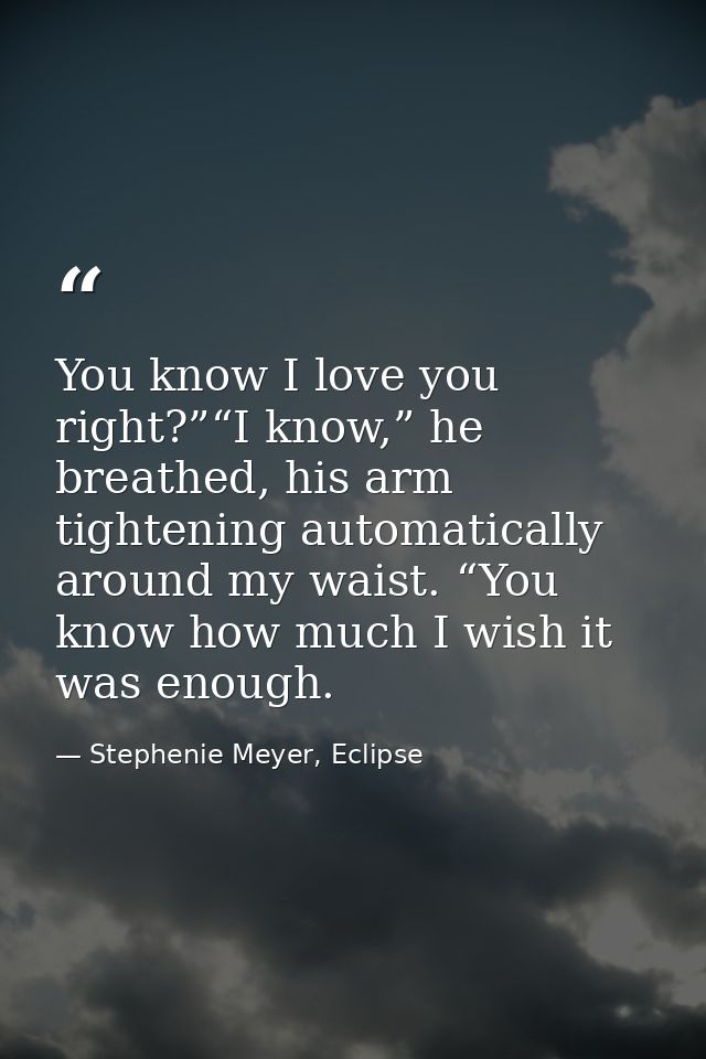 You know I love you right?”“I know,” he breathed, his arm tightening automatically around my waist. “You know how much I — Stephenie Meyer, Eclipse