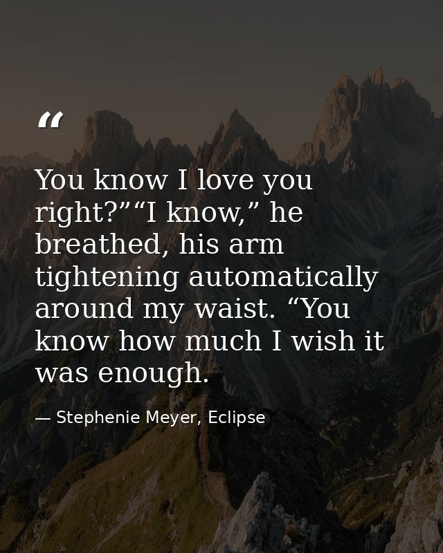 You know I love you right?”“I know,” he breathed, his arm tightening automatically around my waist. “You know how much I — Stephenie Meyer, Eclipse