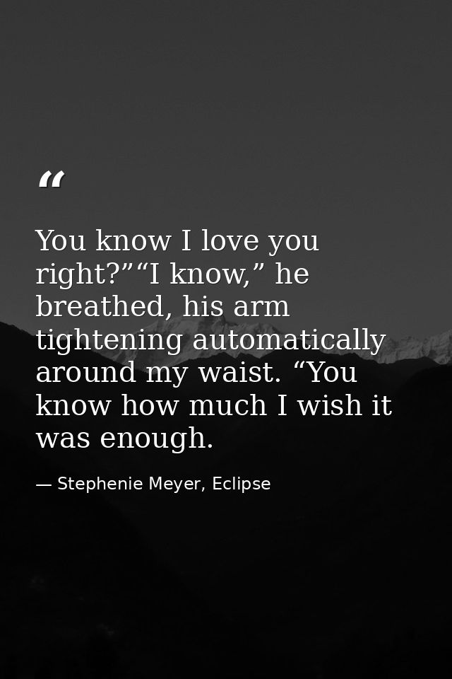 You know I love you right?”“I know,” he breathed, his arm tightening automatically around my waist. “You know how much I — Stephenie Meyer, Eclipse