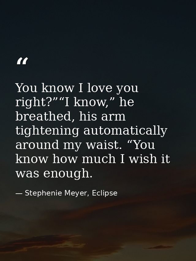 You know I love you right?”“I know,” he breathed, his arm tightening automatically around my waist. “You know how much I — Stephenie Meyer, Eclipse
