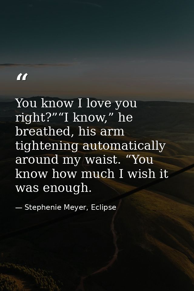 You know I love you right?”“I know,” he breathed, his arm tightening automatically around my waist. “You know how much I — Stephenie Meyer, Eclipse