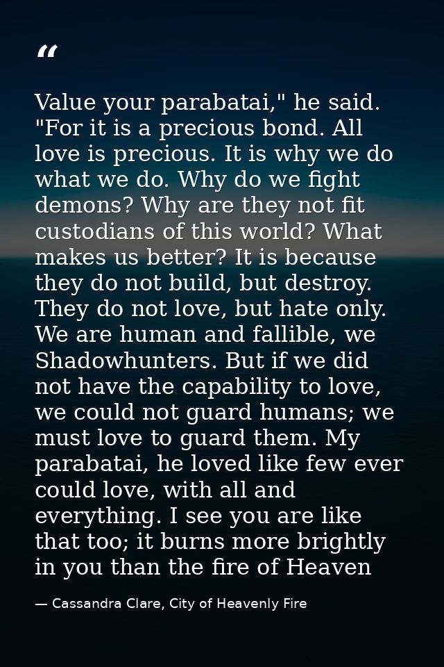 Value your parabatai," he said. "For it is a precious bond. All love is precious. It is why we do what we do. Why do we  — Cassandra Clare, City of Heavenly Fire