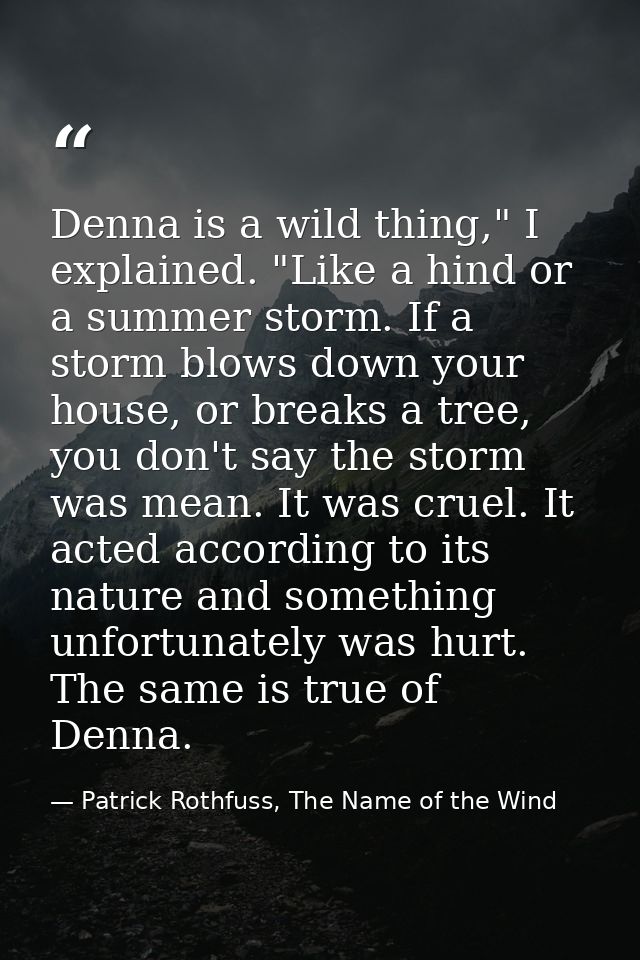Denna is a wild thing," I explained. "Like a hind or a summer storm. If a storm blows down your house, or breaks a tree, — Patrick Rothfuss, The Name of the Wind