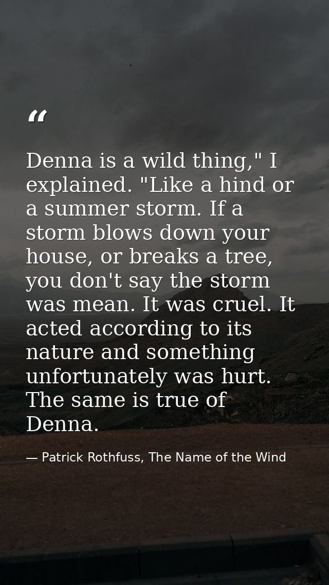 Denna is a wild thing," I explained. "Like a hind or a summer storm. If a storm blows down your house, or breaks a tree, — Patrick Rothfuss, The Name of the Wind