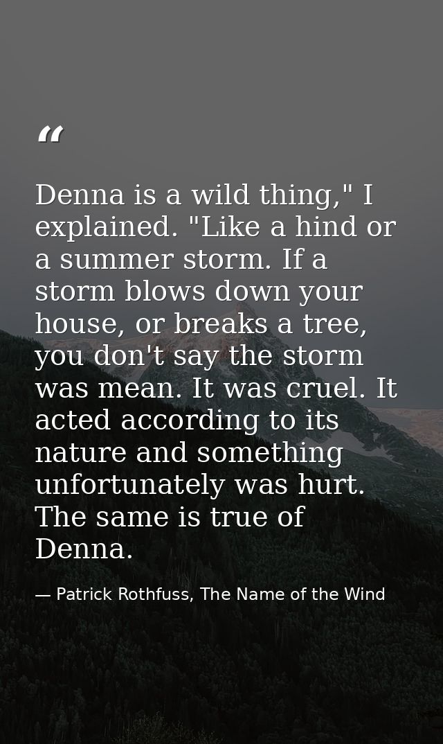 Denna is a wild thing," I explained. "Like a hind or a summer storm. If a storm blows down your house, or breaks a tree, — Patrick Rothfuss, The Name of the Wind
