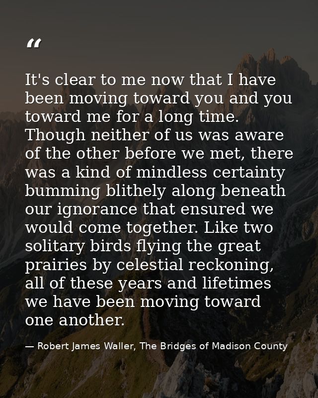 It's clear to me now that I have been moving toward you and you toward me for a long time. Though neither of us was awar — Robert James Waller, The Bridges of Madison County