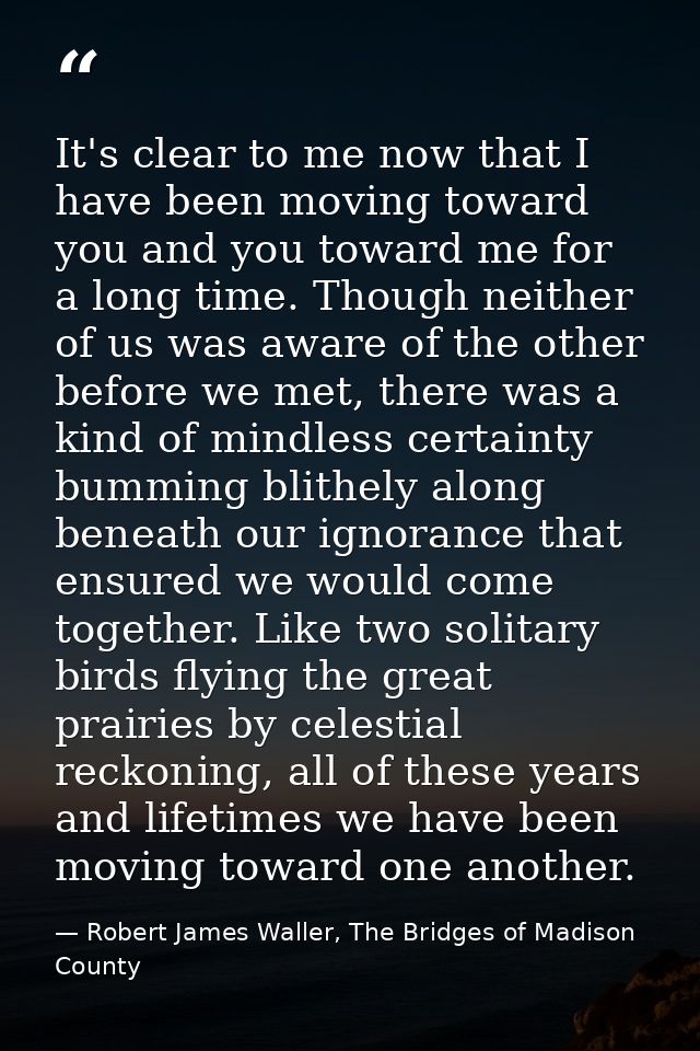 It's clear to me now that I have been moving toward you and you toward me for a long time. Though neither of us was awar — Robert James Waller, The Bridges of Madison County