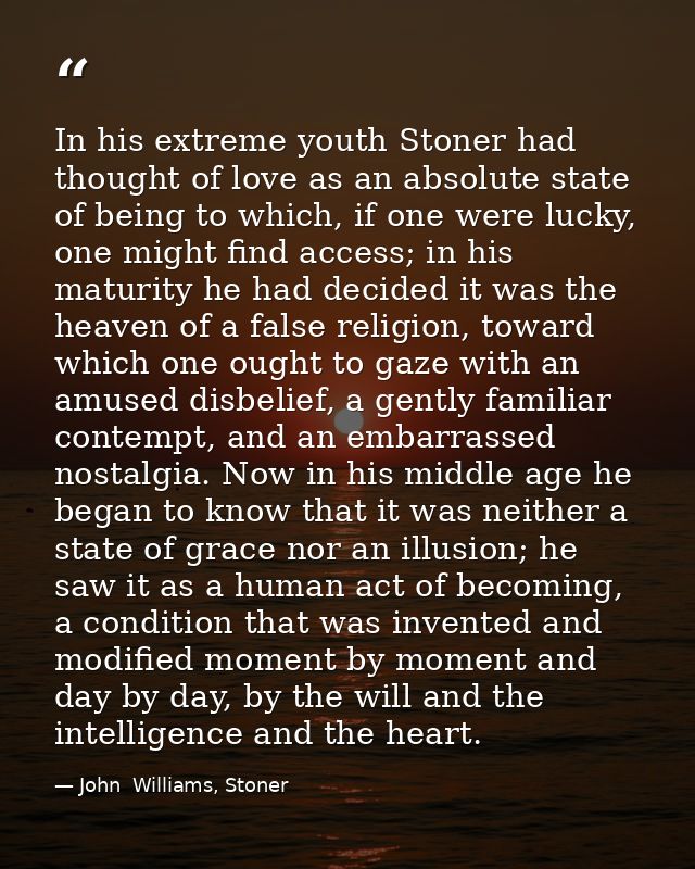 In his extreme youth Stoner had thought of love as an absolute state of being to which, if one were lucky, one might fin — John  Williams, Stoner