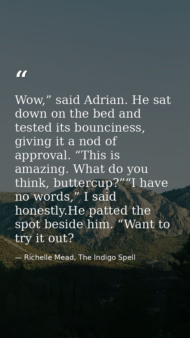 Wow,” said Adrian. He sat down on the bed and tested its bounciness, giving it a nod of approval. “This is amazing. What — Richelle Mead, The Indigo Spell