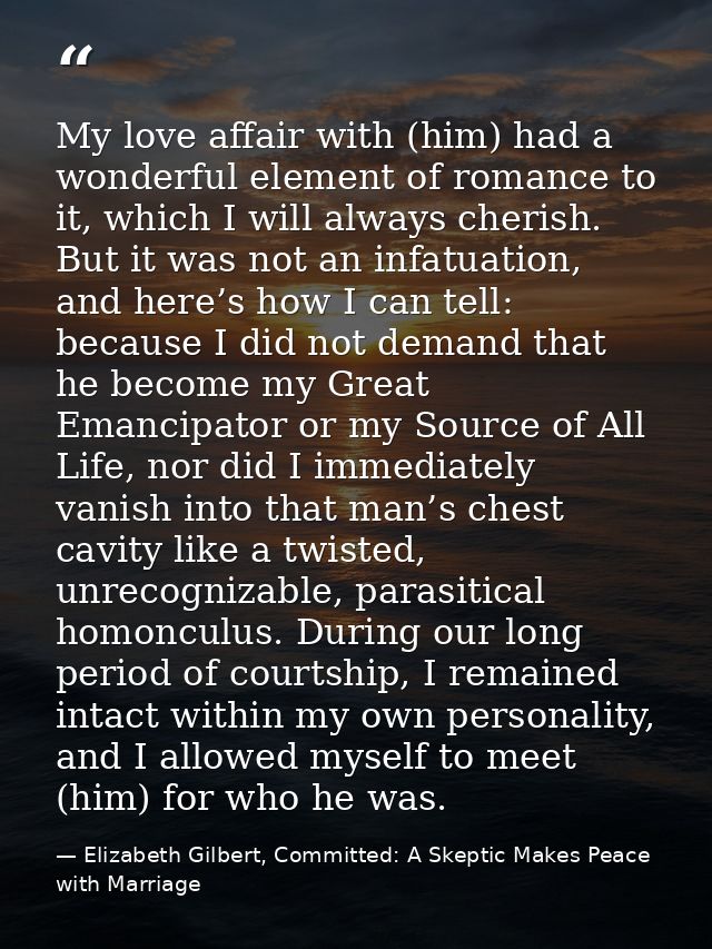 My love affair with (him) had a wonderful element of romance to it, which I will always cherish. But it was not an infat — Elizabeth Gilbert, Committed: A Skeptic Makes Peace with Marriage