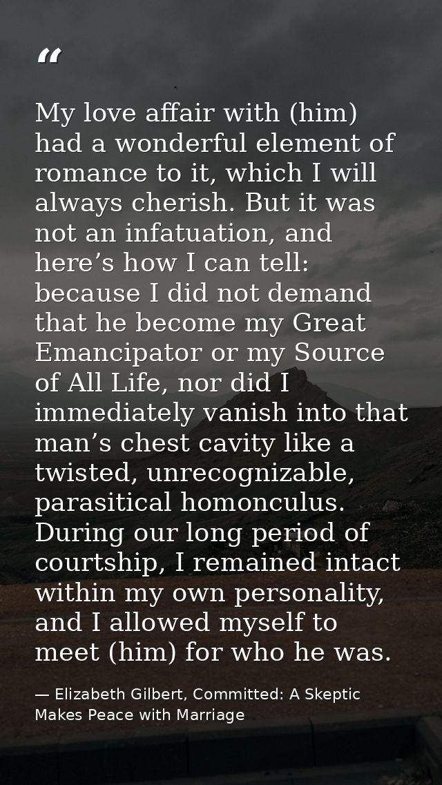 My love affair with (him) had a wonderful element of romance to it, which I will always cherish. But it was not an infat — Elizabeth Gilbert, Committed: A Skeptic Makes Peace with Marriage