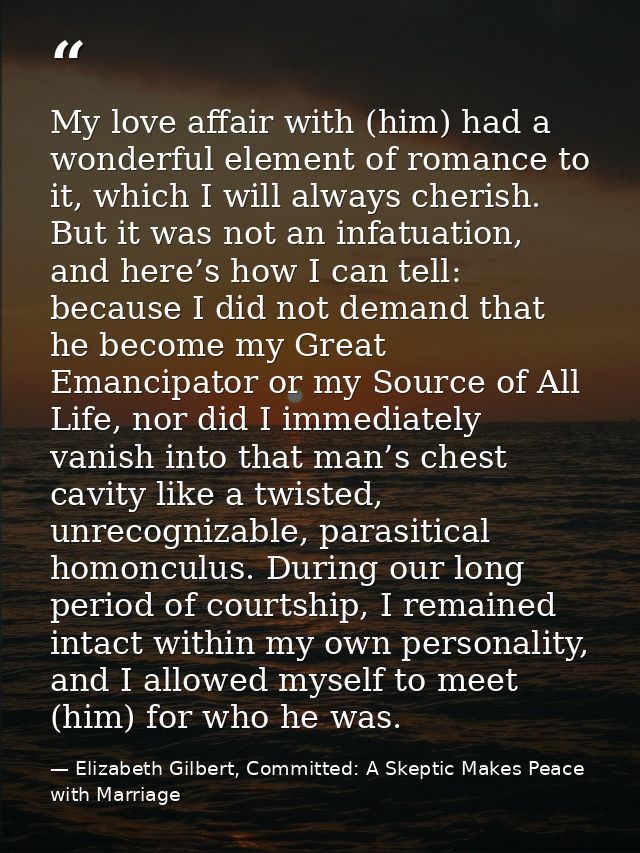 My love affair with (him) had a wonderful element of romance to it, which I will always cherish. But it was not an infat — Elizabeth Gilbert, Committed: A Skeptic Makes Peace with Marriage