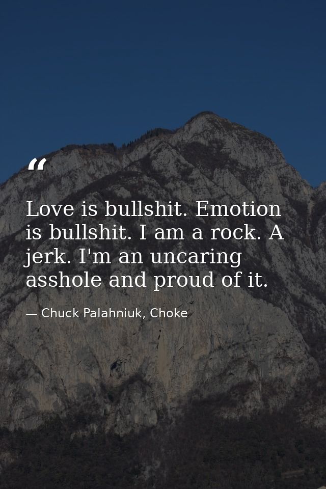 Love is bullshit. Emotion is bullshit. I am a rock. A jerk. I'm an uncaring asshole and proud of it. — Chuck Palahniuk, Choke