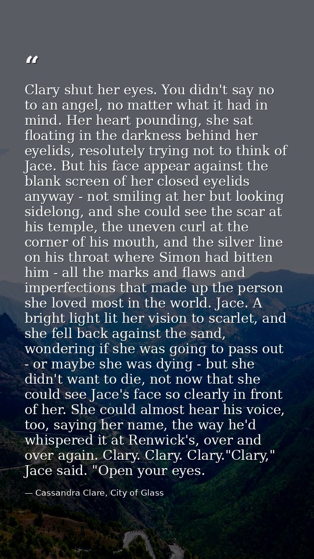 Clary shut her eyes. You didn't say no to an angel, no matter what it had in mind. Her heart pounding, she sat floating  — Cassandra Clare, City of Glass