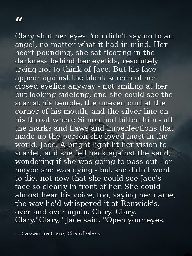 Clary shut her eyes. You didn't say no to an angel, no matter what it had in mind. Her heart pounding, she sat floating  — Cassandra Clare, City of Glass