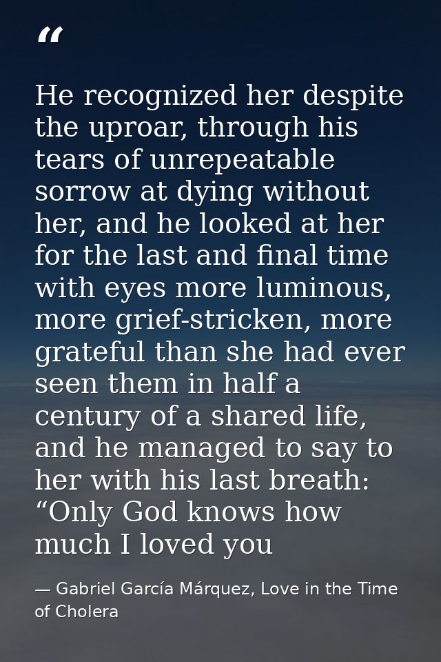 He recognized her despite the uproar, through his tears of unrepeatable sorrow at dying without her, and he looked at he — Gabriel García Márquez, Love in the Time of Cholera